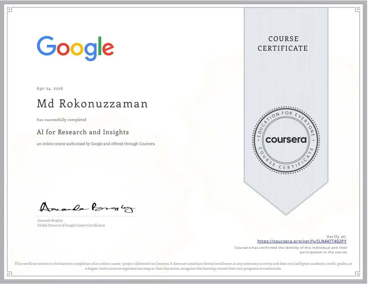 AI for Research & Insights Certificate — Md Rokonuzzaman