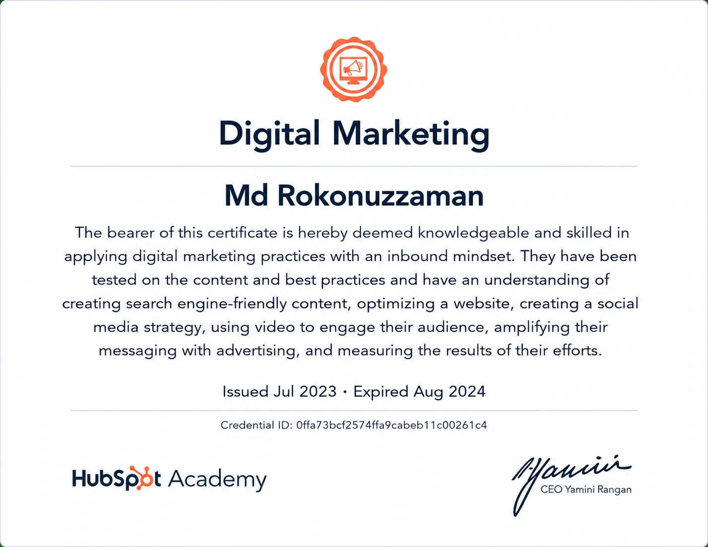 Digital Marketing Certificate HubSpot Academy — Md Rokonuzzaman