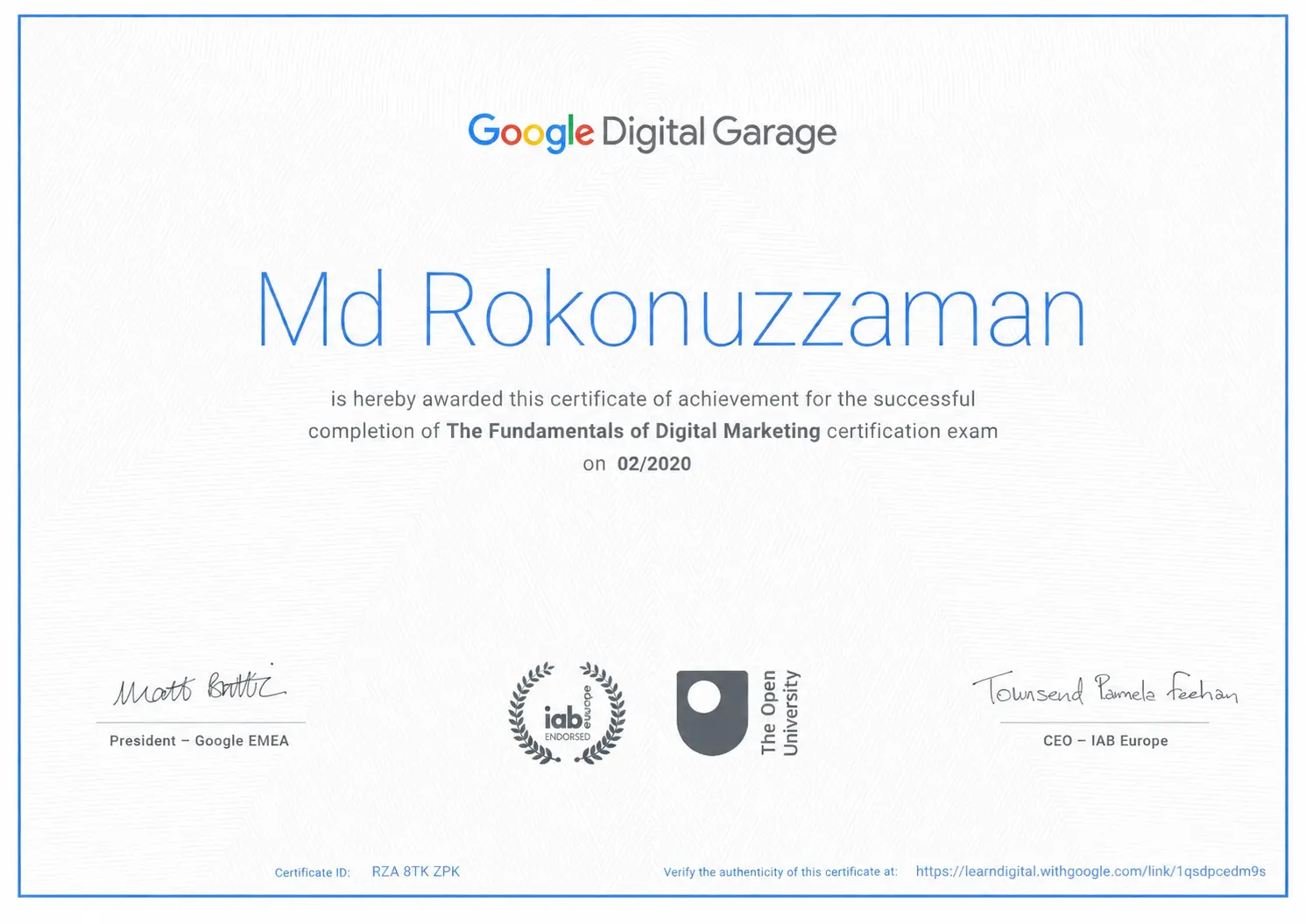 Google Digital Garage Certificate — Md Rokonuzzaman