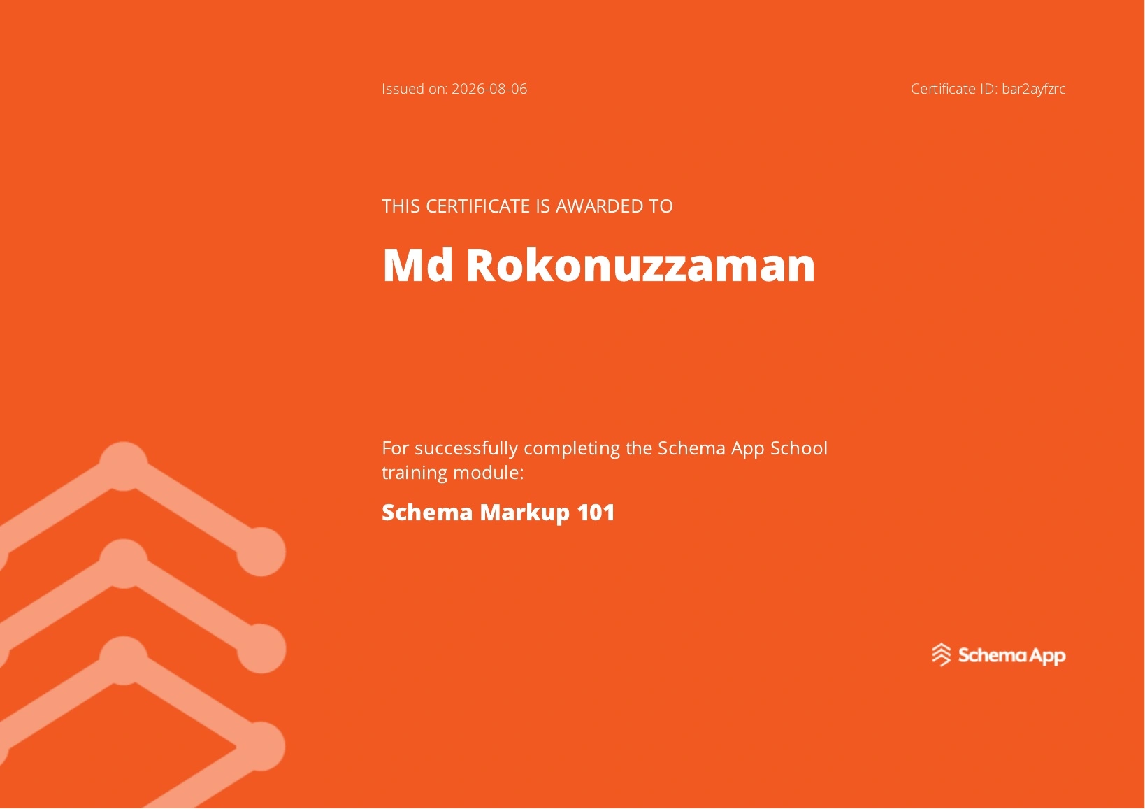 Schema Markup 101 Certificate — Md Rokonuzzaman